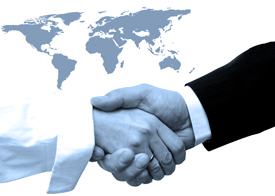 handshake with world map background