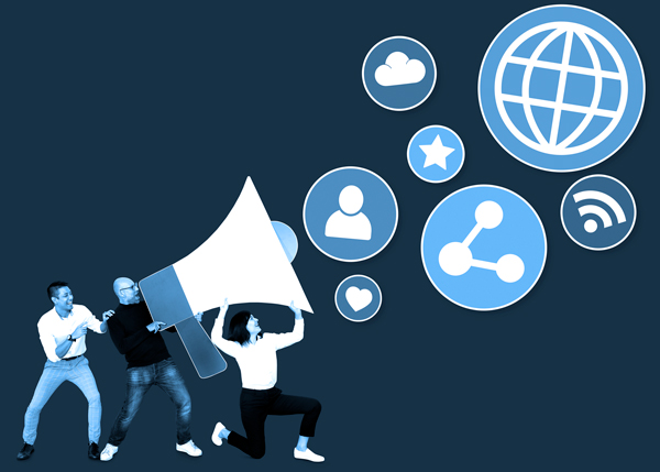 people with megaphone social media marketing icons